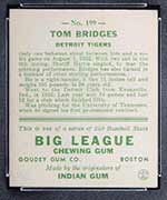 1933 Goudey #199 Tom Bridges Detroit Tigers - Back
