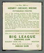 1933 Goudey #205 Henry (Heinie) Meine Pittsburgh Pirates - Back