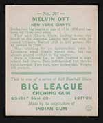 1933 Goudey #207 Melvin Ott New York Giants - Back