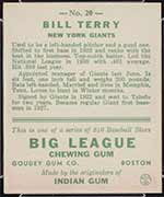 1933 Goudey #20 Bill Terry New York Giants - Back