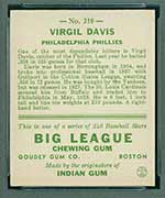 1933 Goudey #210 Virgil Davis Philadelphia Phillies - Back