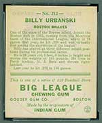 1933 Goudey #212 Billy Urbanski Boston Braves - Back
