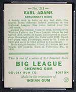 1933 Goudey #213 Earl Adams Cincinnati Reds - Back