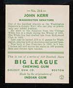 1933 Goudey #214 John Kerr Washington Senators - Back