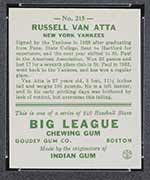 1933 Goudey #215 Russell Van Atta New York Yankees - Back