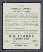 1933 Goudey #216 Vernon Gomez New York Yankees - Back