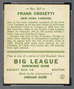 1933 Goudey #217 Frank Crosetti New York Yankees - Back