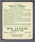 1933 Goudey #218 Wesley Ferrell Cleveland Indians - Back