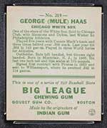1933 Goudey #219 George (Mule) Haas Chicago White Sox - Back