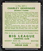1933 Goudey #222 Charley Gehringer Detroit Tigers - Back