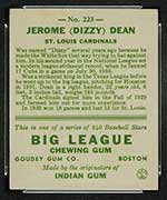 1933 Goudey #223 Jerome (Dizzy) Dean St. Louis Cardinals - Back