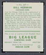 1933 Goudey #227 Bill Herman Chicago Cubs - Back