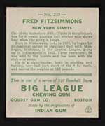 1933 Goudey #235 Fred Fitzsimmons New York Giants - Back