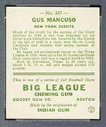 1933 Goudey #237 Gus Mancuso New York Giants - Back