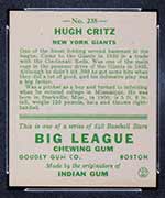 1933 Goudey #238 Hugh Critz New York Giants - Back
