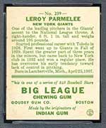 1933 Goudey #239 Leroy Parmelee New York Giants - Back