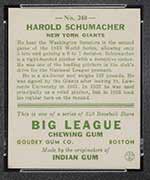 1933 Goudey #240 Harold Schumacher New York Giants - Back