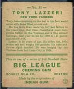 1933 Goudey #31 Tony Lazzeri New York Yankees - Back