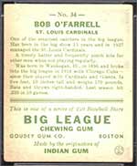 1933 Goudey #34 Bob O’Farrell St. Louis Cardinals - Back