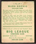 1933 Goudey #39 Mark Koenig Chicago Cubs - Back