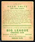 1933 Goudey #3 Hugh Critz New York Giants - Back