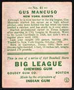 1933 Goudey #41 Gus Mancuso New York Giants - Back