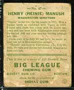 1933 Goudey #47 Henry “Heinie” Manush (fence) Washington Senators - Back