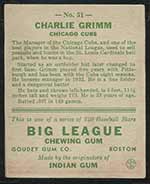 1933 Goudey #51 Charlie Grimm Chicago Cubs - Back