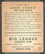 1933 Goudey #52 Andy Cohen New York Giants - Back