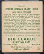 1933 Goudey #53 George Herman (Babe) Ruth New York Yankees - Back