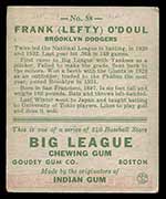 1933 Goudey #58 Frank (Lefty) O’Doul Brooklyn Dodgers - Back