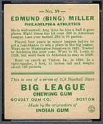 1933 Goudey #59 Edmund (Bing) Miller Philadelphia Athletics - Back