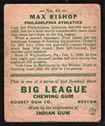 1933 Goudey #61 Max Bishop Philadelphia Athletics - Back