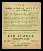 1933 Goudey #62 John (Pepper) Martin St. Louis Cardinals - Back