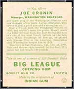 1933 Goudey #63 Joe Cronin Washington Senators - Back