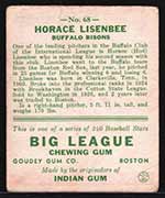 1933 Goudey #68 Horace Lisenbee Buffalo Bisons - Back