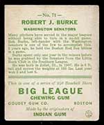 1933 Goudey #71 Robert J. Burke Washington Senators - Back