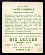 1933 Goudey #72 Owen Carroll Brooklyn Dodgers - Back
