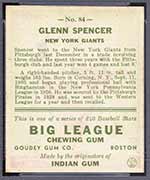 1933 Goudey #84 Glenn Spencer New York Giants - Back