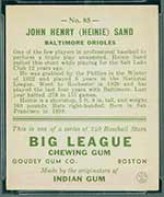 1933 Goudey #85 John Henry (Heinie) Sand Baltimore Orioles - Back