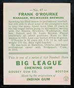 1933 Goudey #87 Frank O’Rourke Milwaukee Brewers - Back