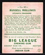 1933 Goudey #88 Russell Rollings Atlanta Crackers - Back
