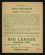 1933 Goudey #89 Tris Speaker Kansas City Blues - Back