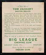 1933 Goudey #91 Tom Zachary Boston Braves - Back