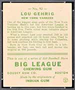 1933 Goudey #92 Lou Gehrig New York Yankees - Back