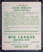 1933 Goudey #93 John Welch Boston Red Sox - Back