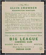 1933 Goudey #95 Alvin Crowder Washington Senators - Back