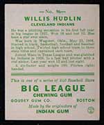 1933 Goudey #96 Willis Hudlin Cleveland Indians - Back