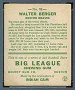 1933 Goudey #98 Walter Berger Boston Braves - Back