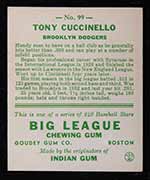 1933 Goudey #99 Tony Cuccinello Brooklyn Dodgers - Back